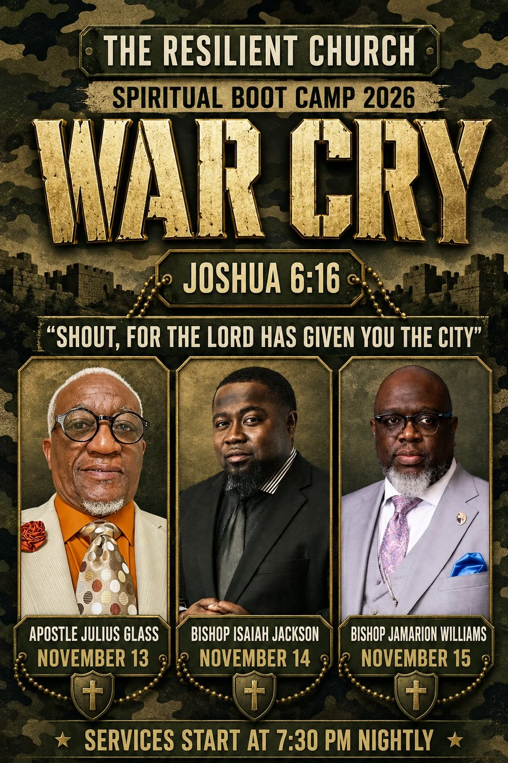 A promotional flyer for The Resilient Church's spiritual boot camp 2026, titled 'War Cry', referencing Joshua 6:16. The event features three speakers: Apostle Julius Glass on November 13, Bishop Isaiah Jackson on November 14, and Bishop Jamarion Williams on November 15, with services starting at 7:30 PM nightly.
