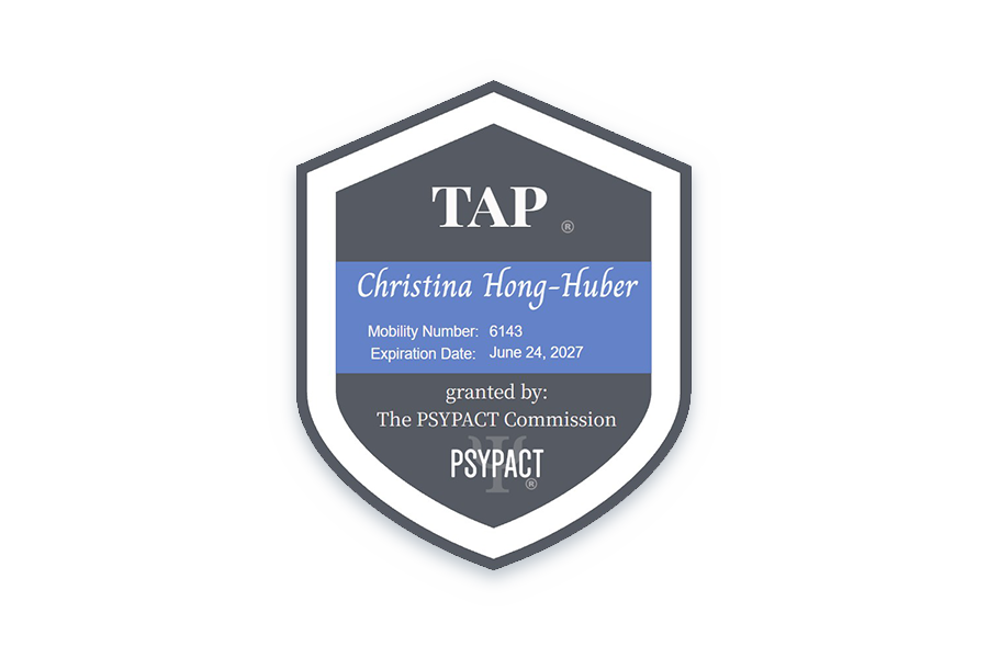 Christina Hong-Huber, PSYPACT Temporary Authorization to Practice (TAP). Mobility number 6143. Expires June 24, 2027.