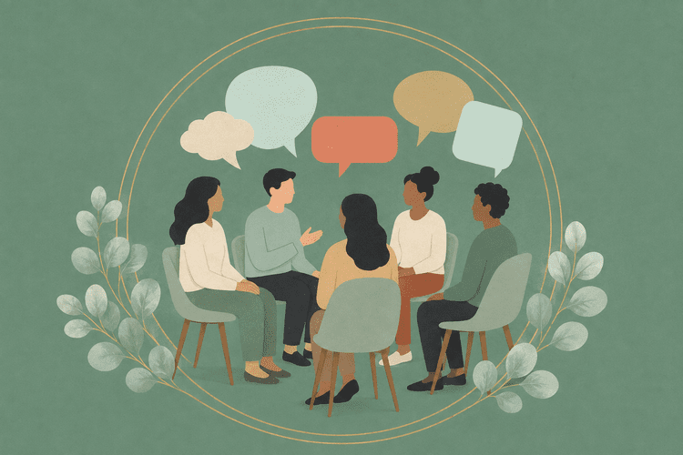 Illustration of people gathered in a community support circle