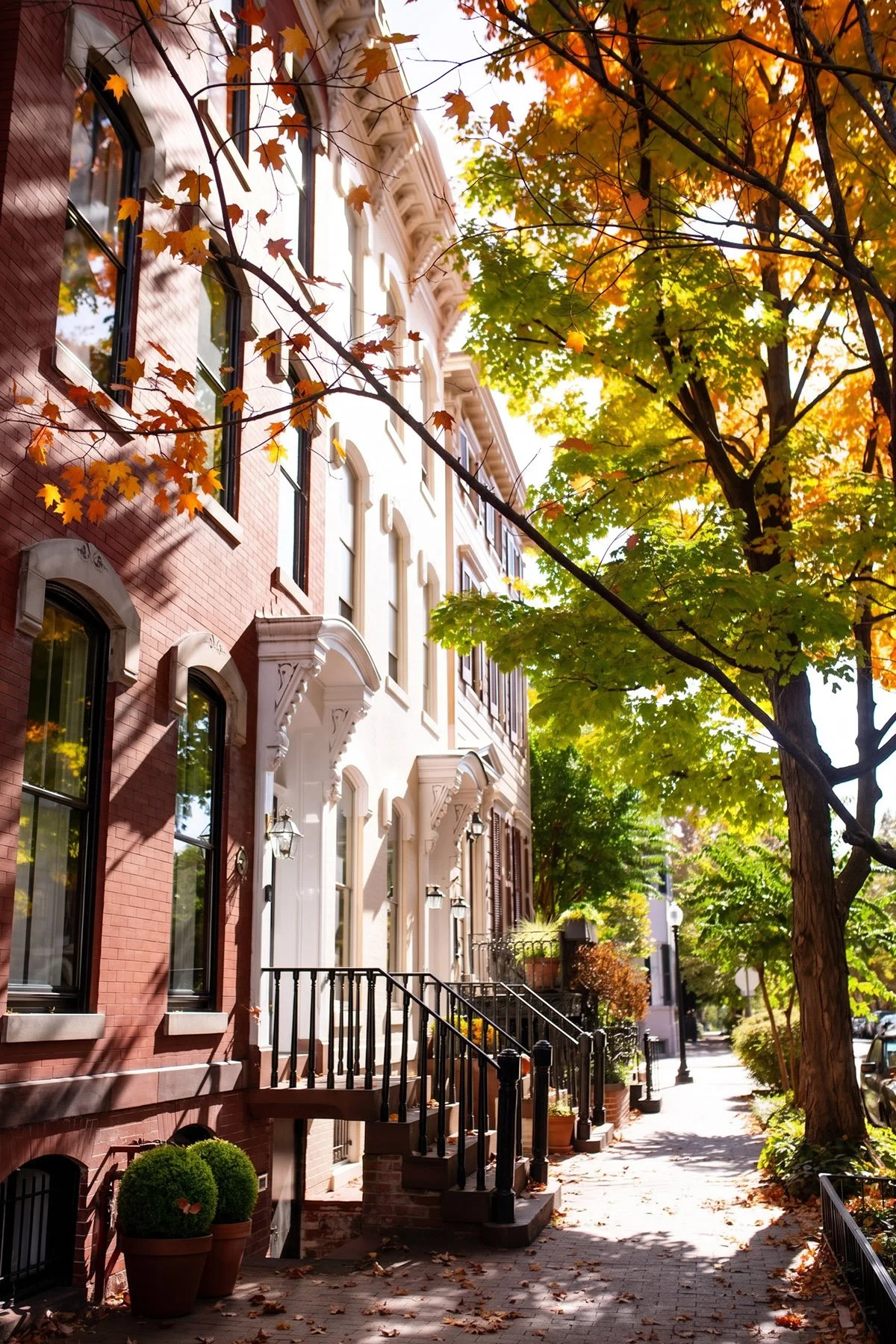 Row houses along a tree-lined street in autumn.
