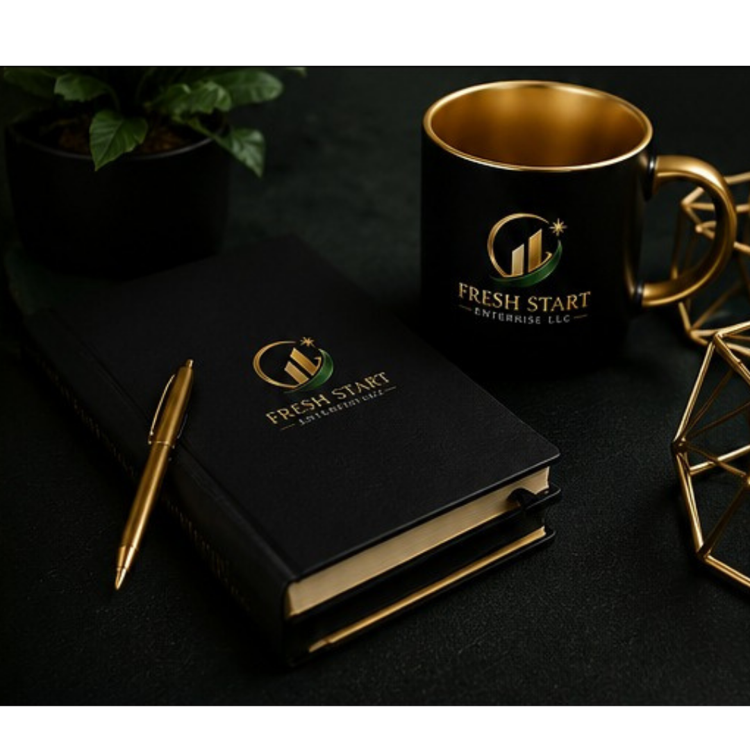 Black notebook with gold logo and pen, black mug with gold interior and logo, in a dark workspace with a potted plant and decorative gold geometric sculpture.