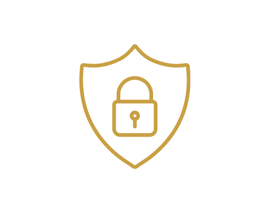 Gold outline of a shield with a padlock in the center, representing security or protection.
