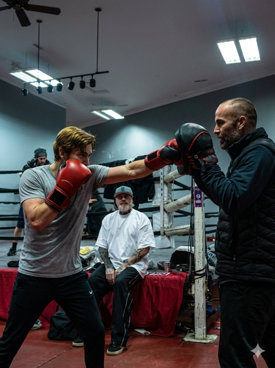 A young man with boxing gloves trains with a coach in a boxing gym, throwing a punch at a punching mitt held by the coach. A third person observes in the background.