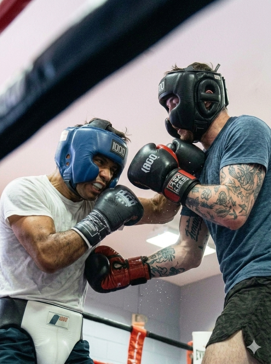 Members sparring during boxing training at Central Oregon Boxing in Bend, Oregon.