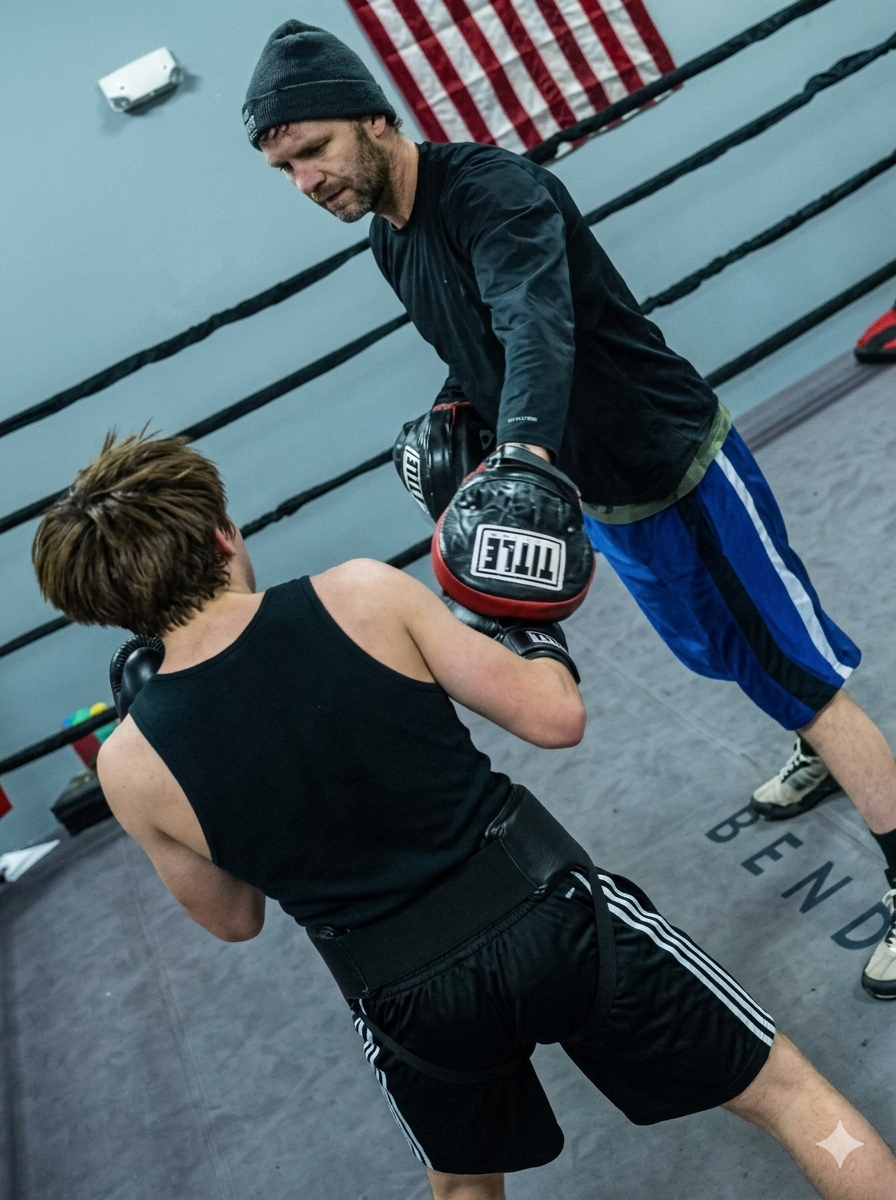 Boxing coach teaching mitt work at Central Oregon Boxing.