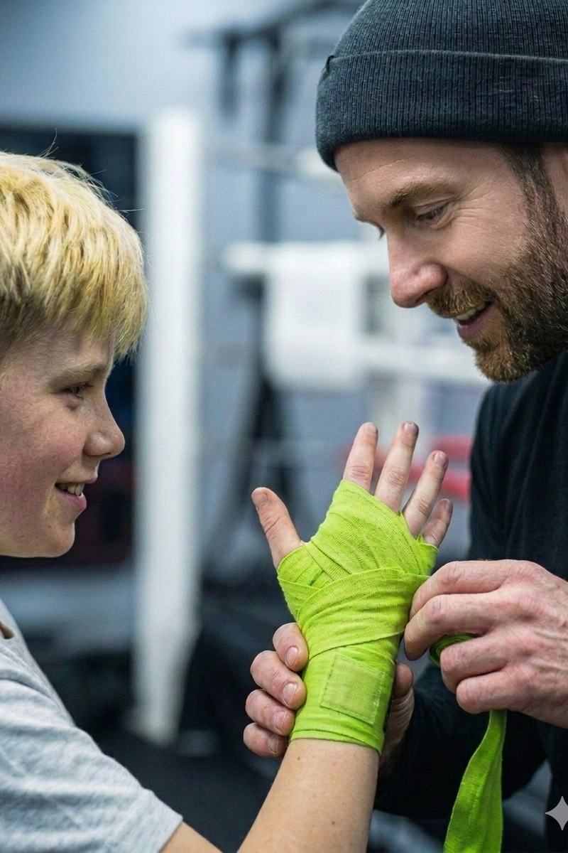 Boxing coach helping a young member wrap hands before class at Central Oregon Boxing.