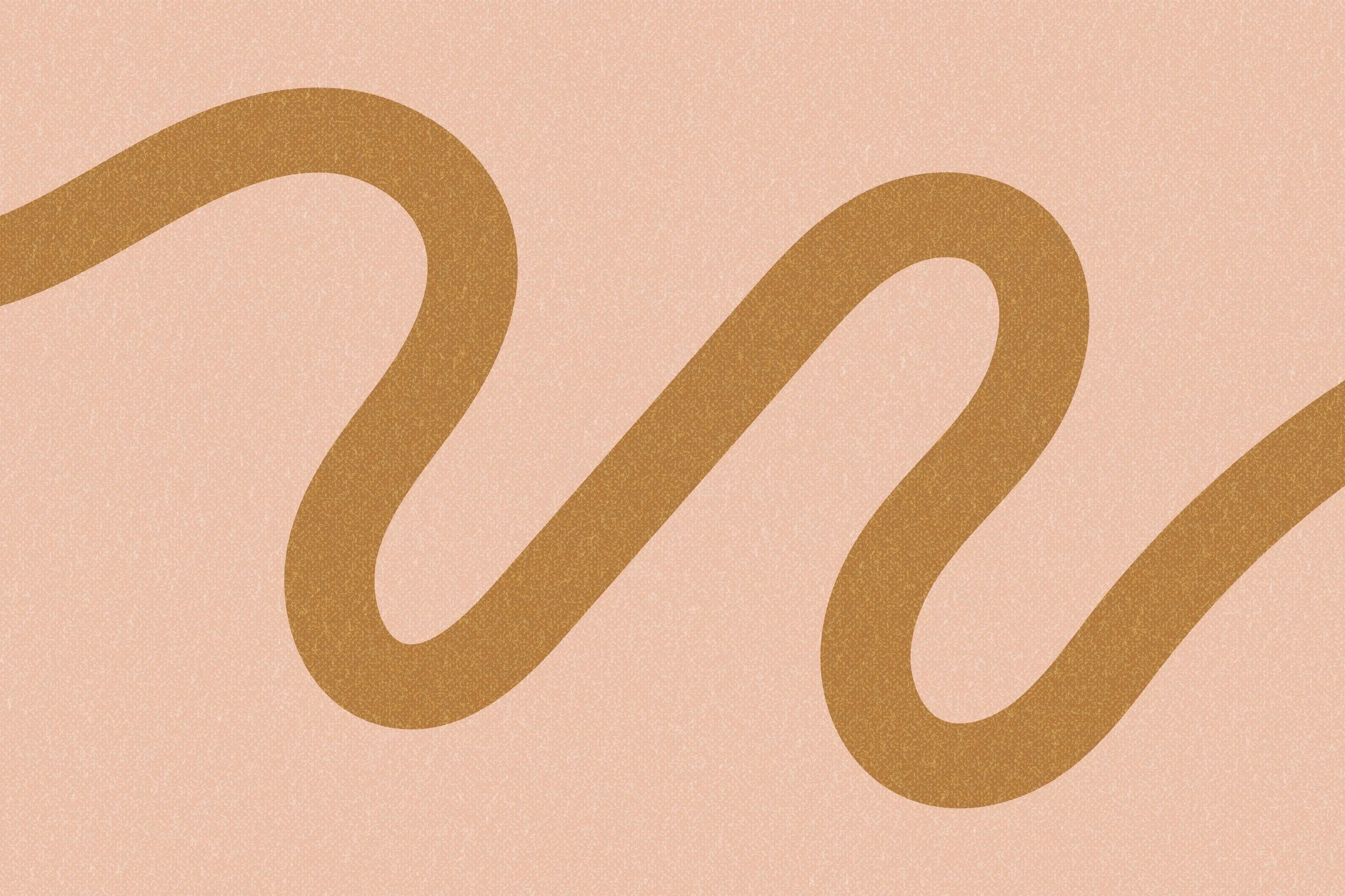 Abstract design with wavy brown lines on a pink dotted background.