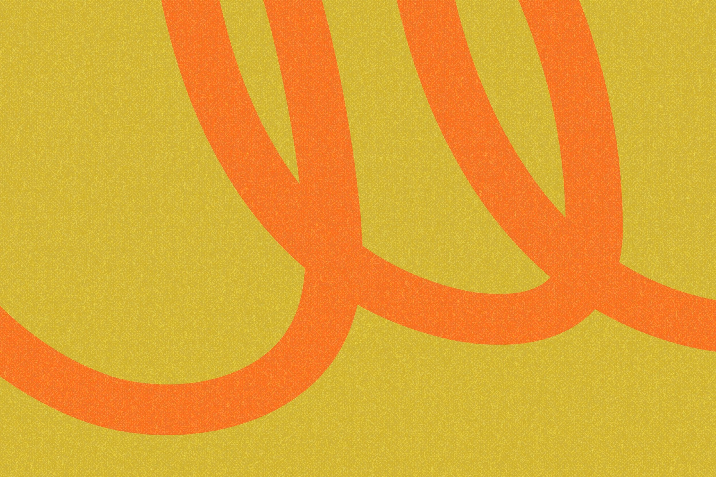 Close-up of a yellow background with orange curved lines forming abstract shapes.