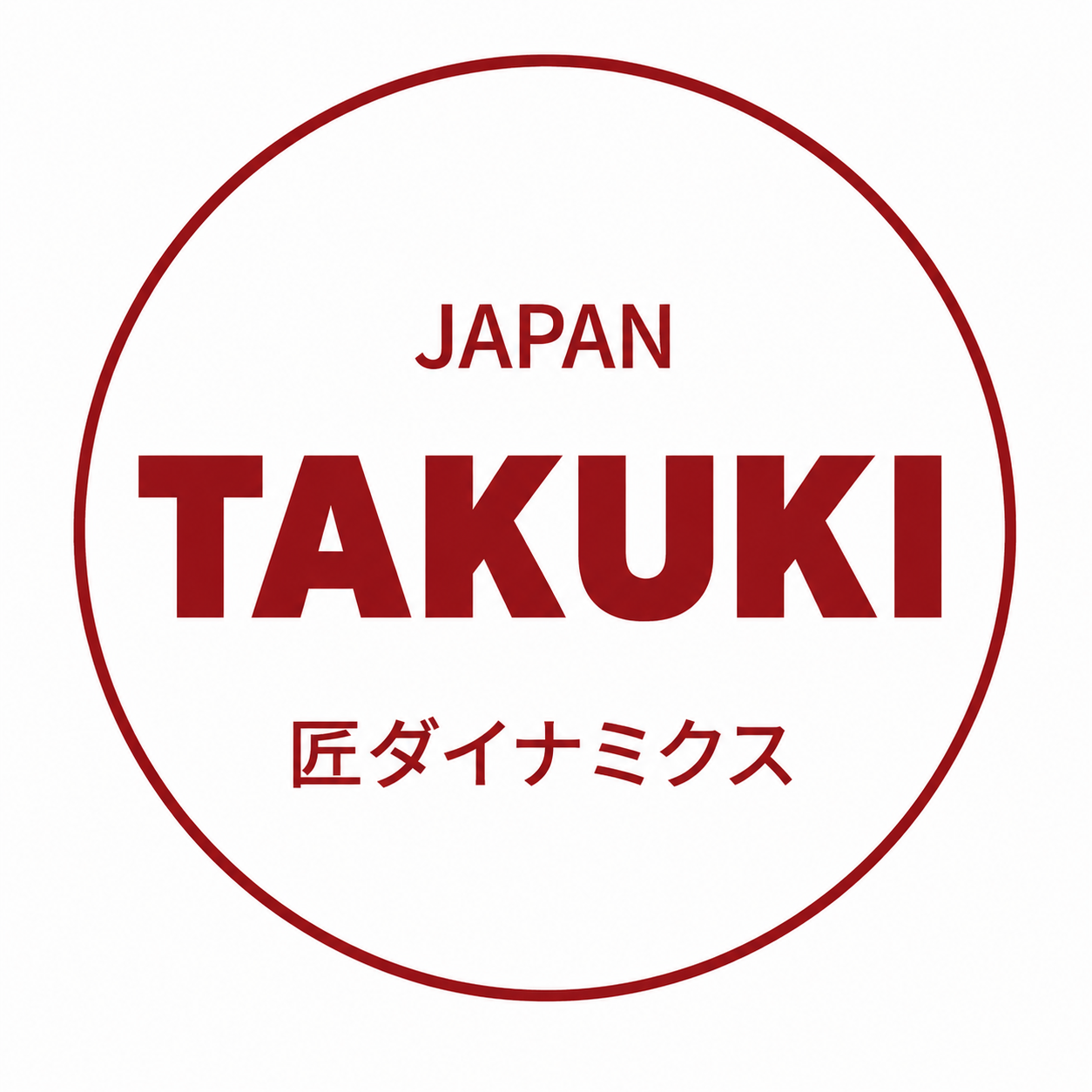 Red circle with Japanese and English text: 'JAPAN TAKUKI' and Japanese characters underneath, on a white background.