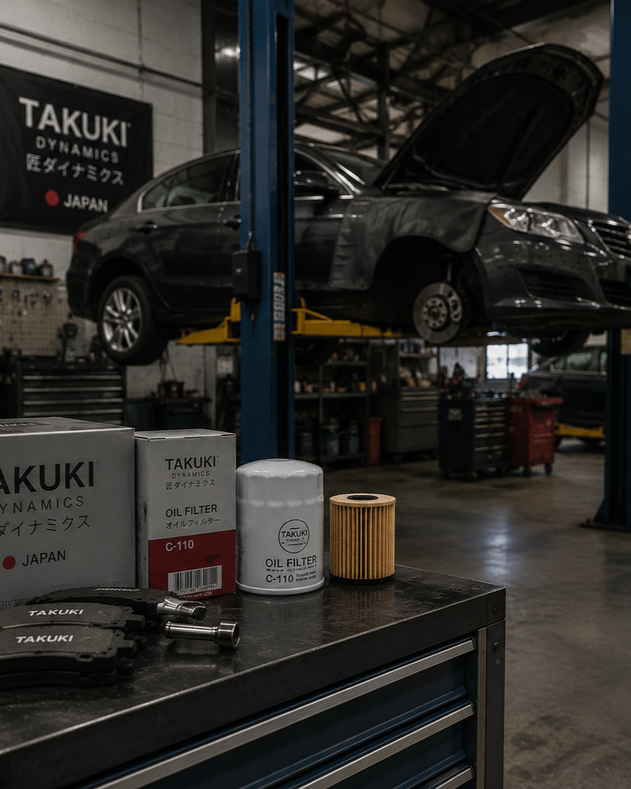 An automotive repair shop with a black car on a hydraulic lift, with its hood open. In the foreground, there are oil filters, brake pads, and other auto parts on a workbench. The shop is equipped with tools and has a banner on the wall that says 'TAKUKI DYNAMICS JAPAN'.