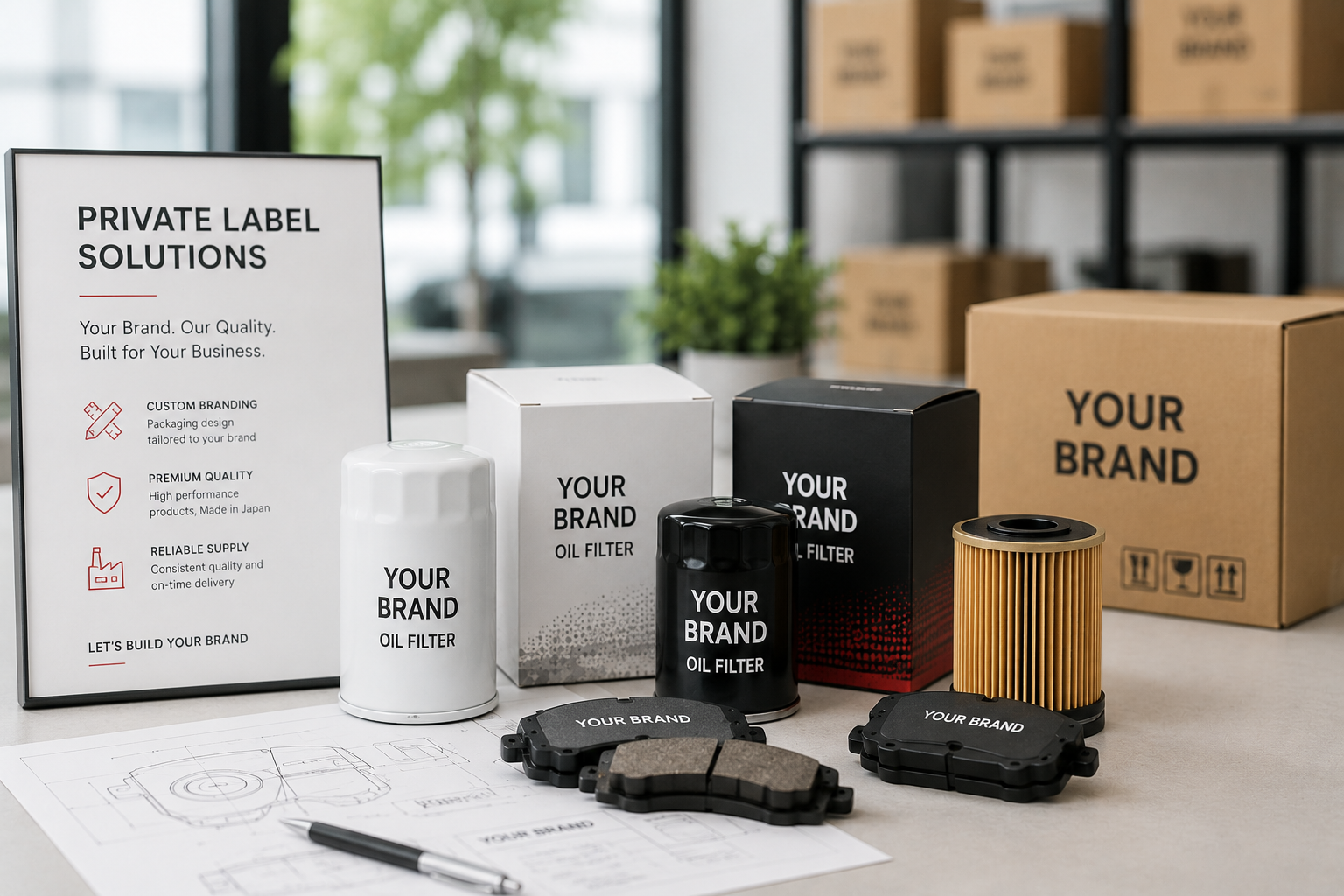 Display of branded automotive filters and packaging with a sign explaining custom branding, premium quality, reliable supply, and branding building.