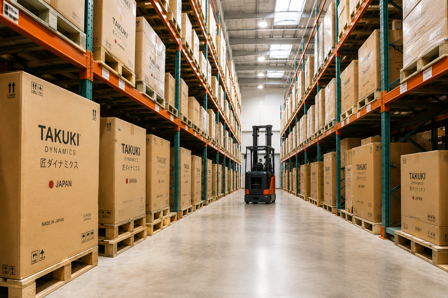 A warehouse aisle with tall racks on both sides holding large cardboard boxes labeled 'Takuki Dynamics,' with a forklift in the center moving toward the back.