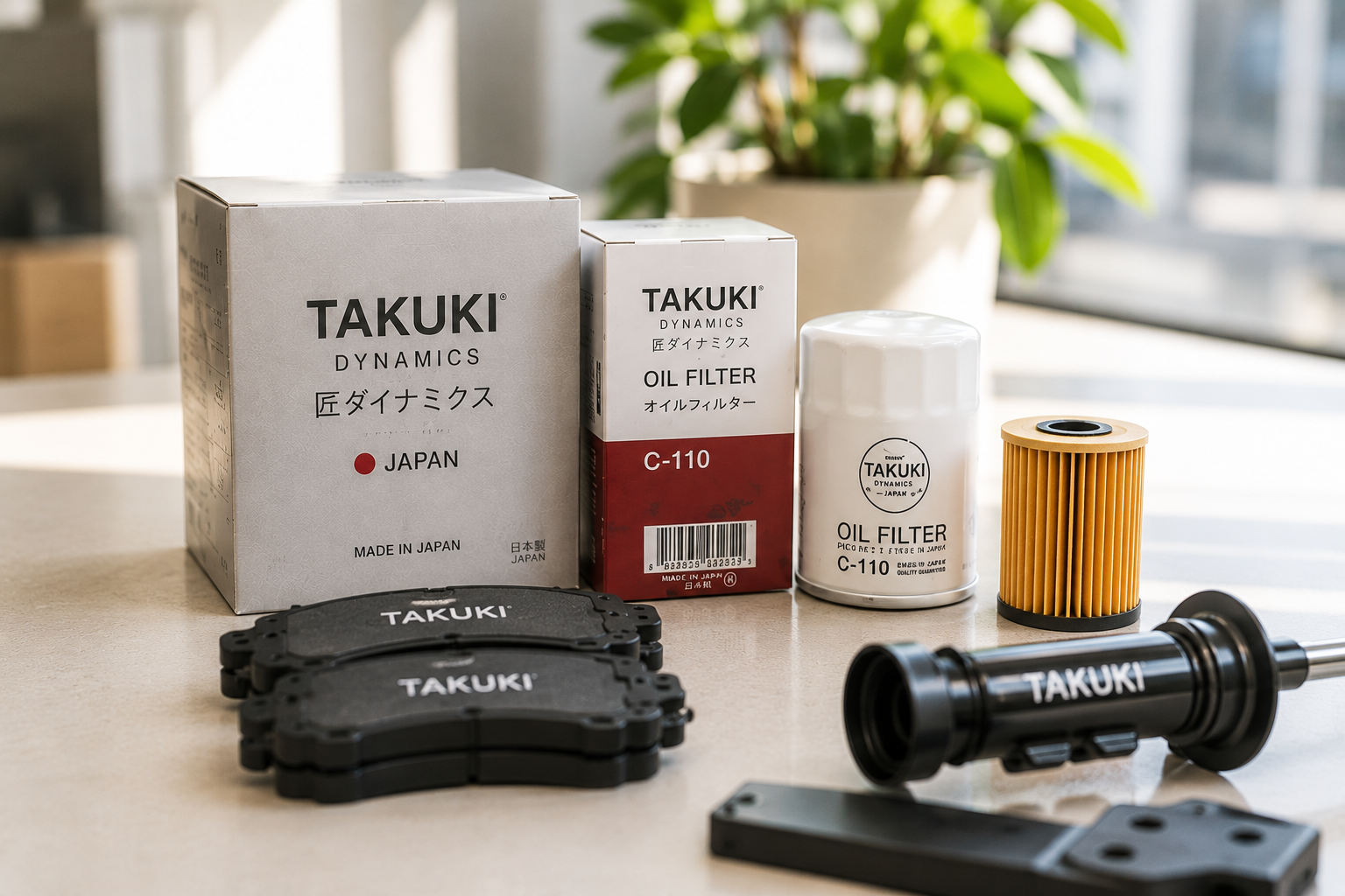 Various automotive parts from Takuki, including oil filters, filter holder, brake pads, a cylindrical filter, and a filter with a yellow pleated design, arranged on a wooden surface near a window with a plant in the background.
