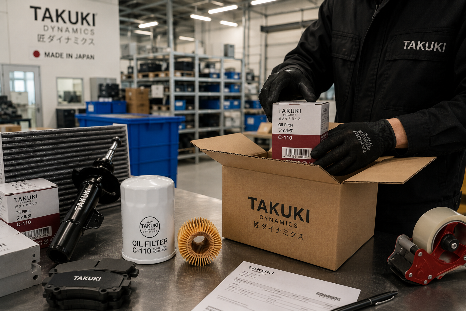 A person wearing black gloves and a black jacket is packing maintenance parts into a cardboard box labeled 'Takuki Dynamics.' The parts include oil filters and a shock absorber, on a worktable in a workshop or warehouse environment.