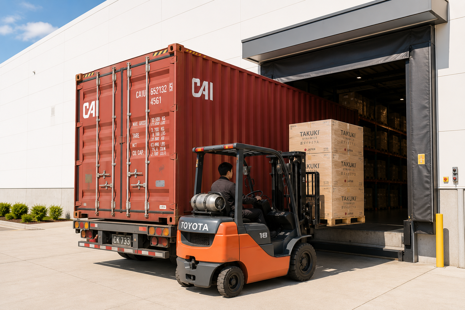A forklift operator is unloading pallets from a red shipping container at a warehouse loading dock.