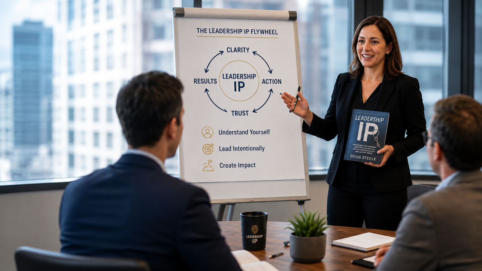 A woman in professional attire is giving a presentation in a business meeting room. She is holding a book titled 'Leadership IP' and pointing at a whiteboard with a diagram about leadership IP, including concepts like clarity, action, results, and trust. Two men are seated at the table, listening attentively. The room has large windows with a cityscape view. On the table, there is a black cup with the 'Leadership IP' logo, a notebook, a pen, and a small potted plant.