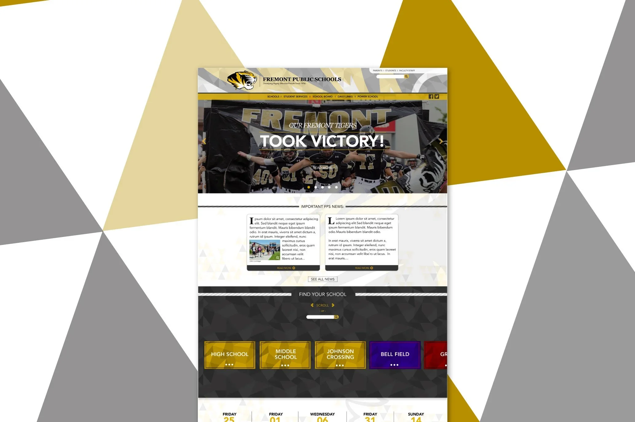 a web browser mockup of the fremont public schools district homepage, displaying a prominent Fremont Took Victory! sports banner, with the interactive Find Your School portal slider highlighted below featuring color-coded buttons for the schools.