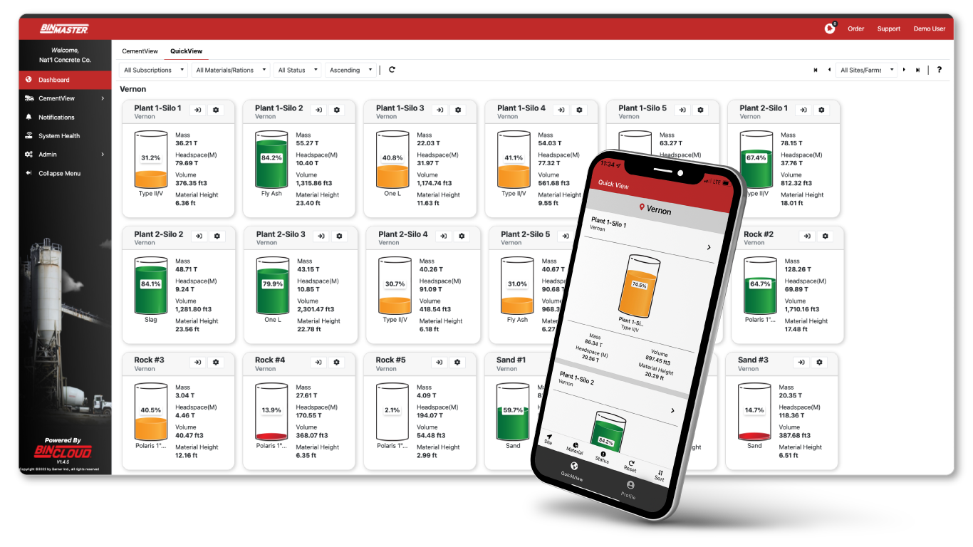 A desktop and mobile dashboard show BinMaster silo‑monitoring data for the Vernon site, listing each silo’s material type, fill level, mass, and measurements with color‑coded bars and a navigation menu on the left.