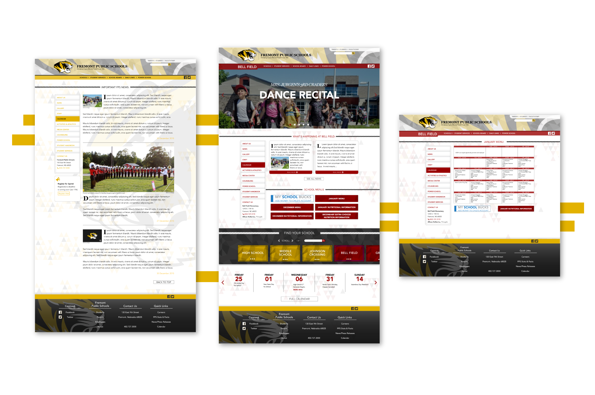 A responsive UI layout mockup displaying the standardized News Portal and interactive Events Calendar pages, showcasing how identical layout components adapt to different localized school colors and schedules.
