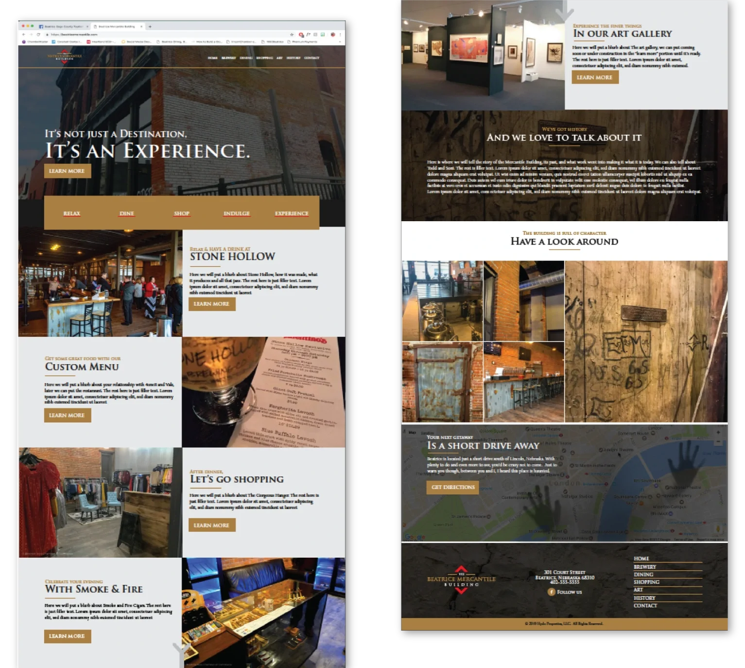 A desktop website mockup of the Beatrice Mercantile interactive directory, showcasing visual navigation cards for the brewery, boutique shopping, and historic exhibits.
