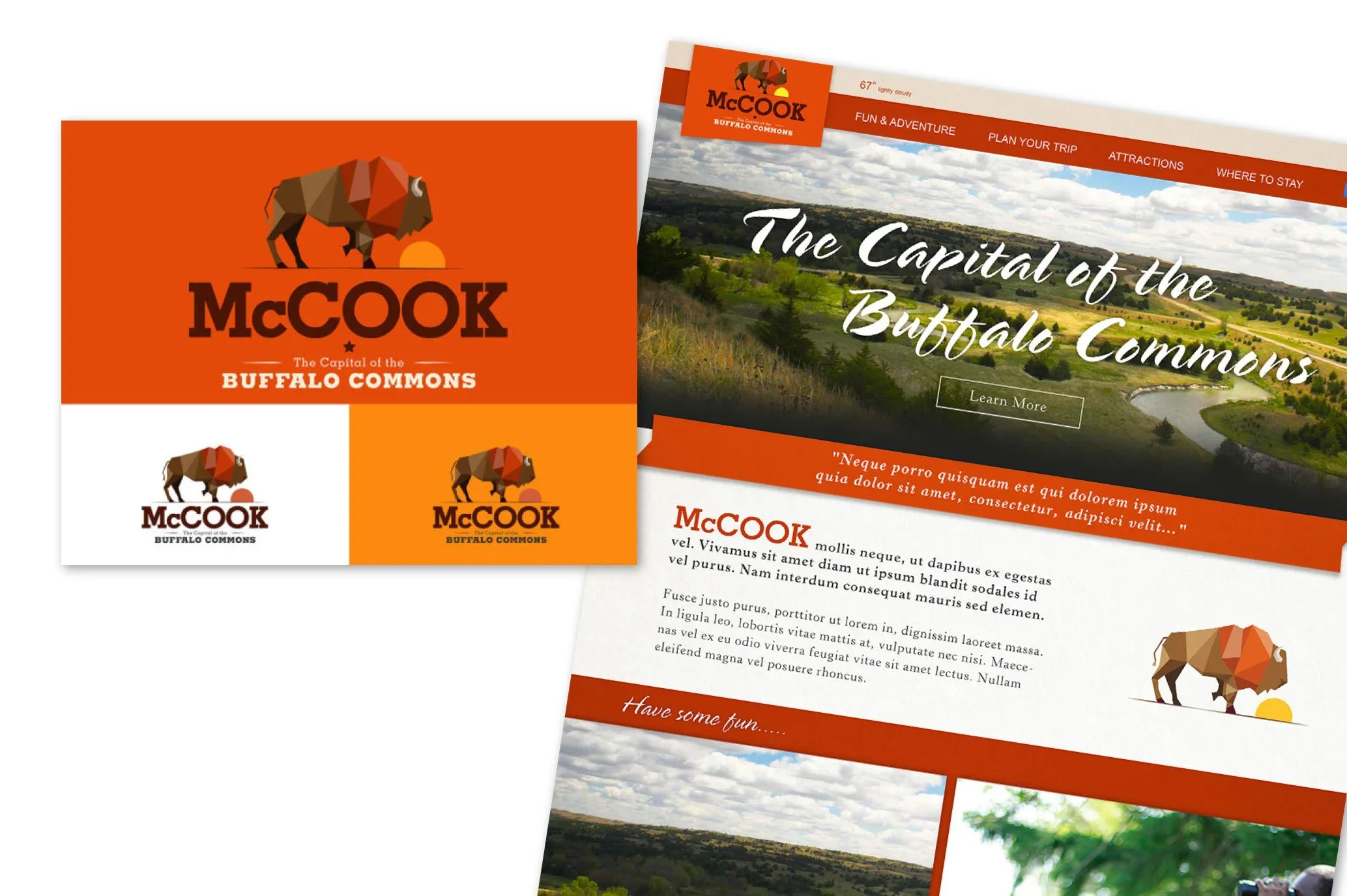A design showcase featuring the polygonal 'McCook: Capital of the Buffalo Commons' bison logo variations on the left, alongside a desktop browser mockup displaying a scenic green river valley landing page on the right.