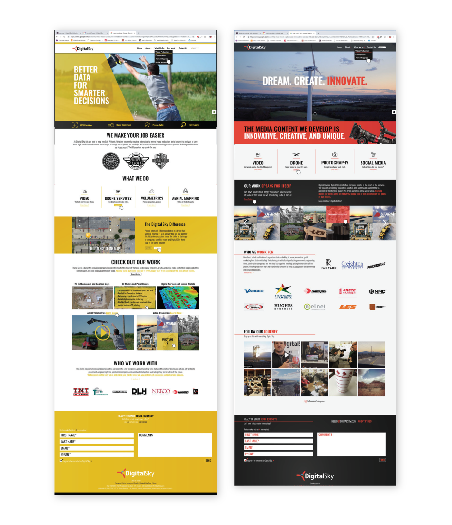 A split-screen homepage layout dividing creative video services on one side and industrial drone services on the other.