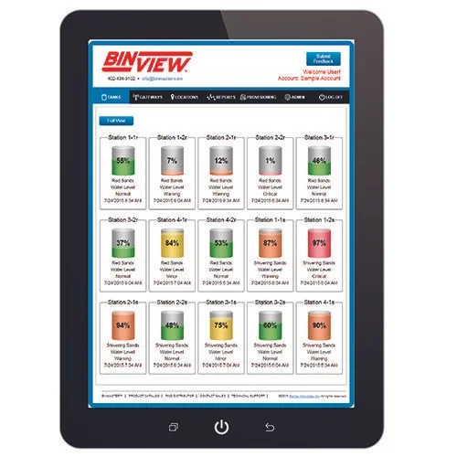 A tablet mockup displaying the legacy My MyBinView user interface, showing standard bootstrap tables and basic progress bars tracking industrial vessel levels.