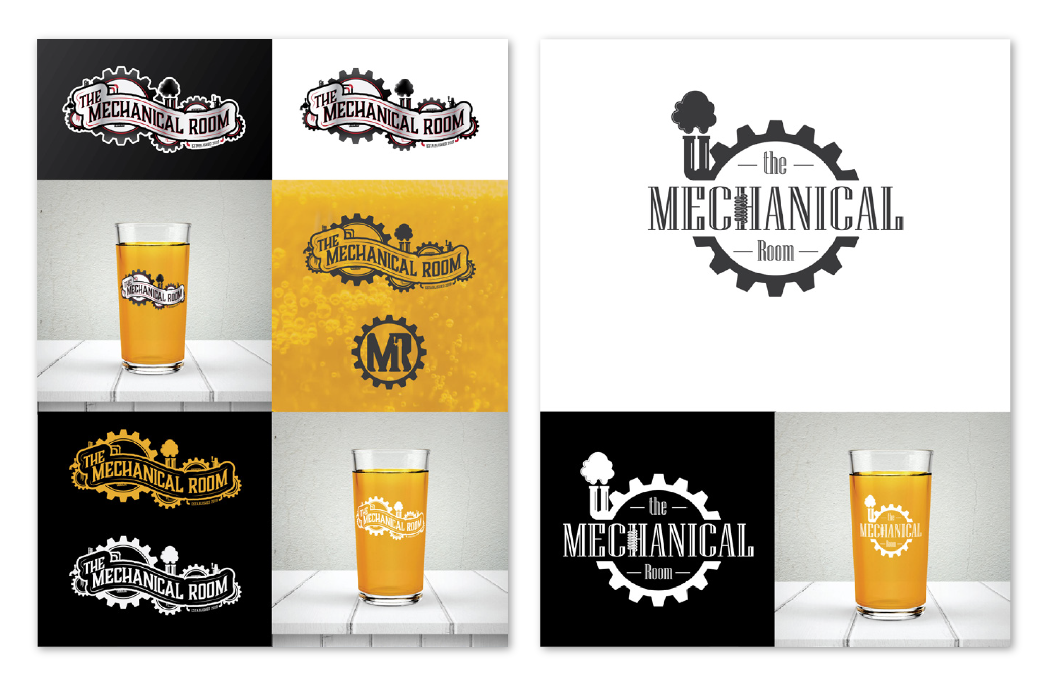 A clean brand presentation grid showcasing mechanical gear-themed logo lockups, color tokens, and beer glass mockups for The Mechanical Room.