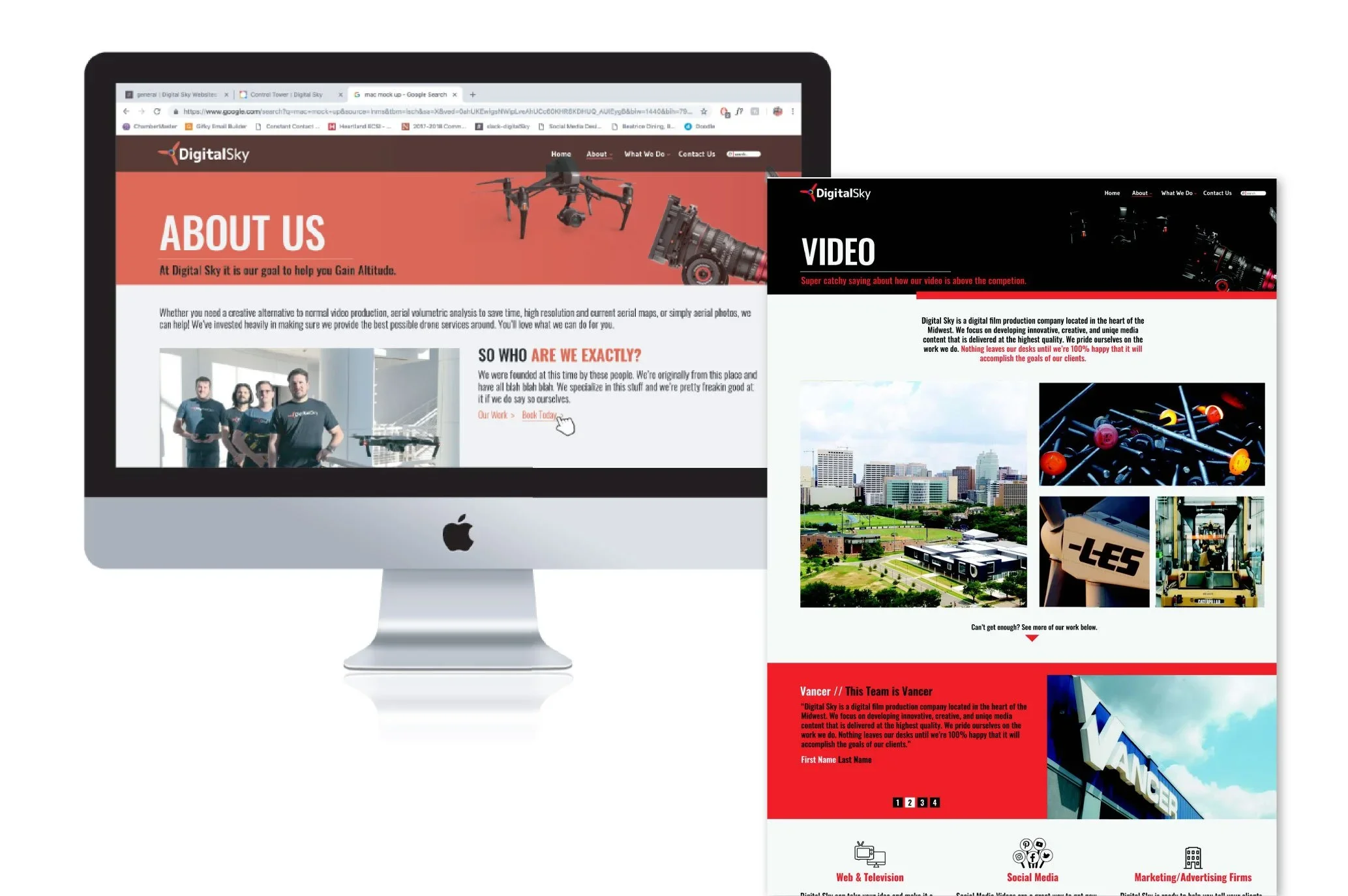 An iMac mockup of the main Digital Sky landing page next to a vertical browser preview of the dark-themed video production page.