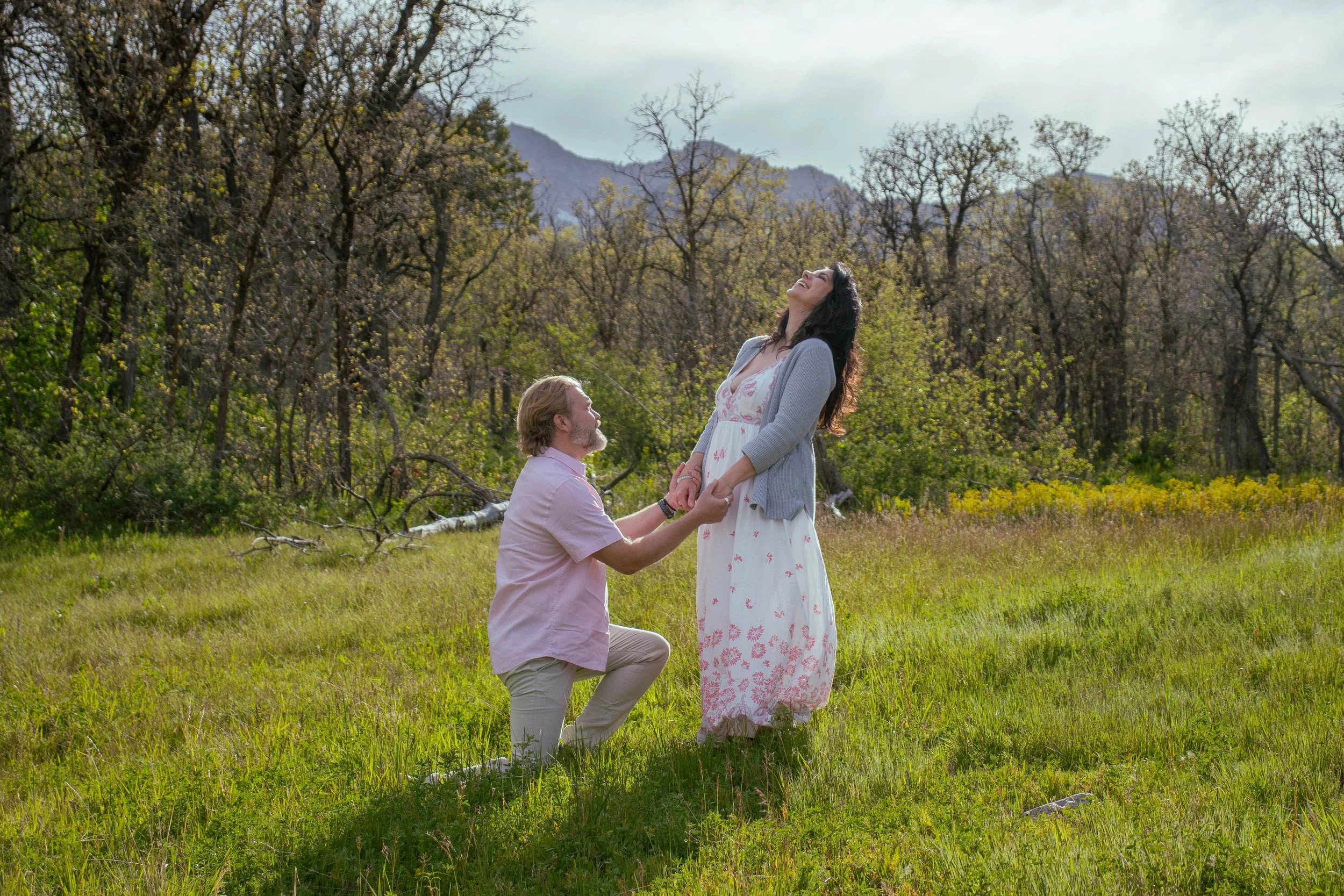 A man is kneeling on one knee, holding hands with a pregnant woman in a white floral dress and gray cardigan, outdoors in a grassy field with trees and mountains in the background, with cloudy sky overhead.