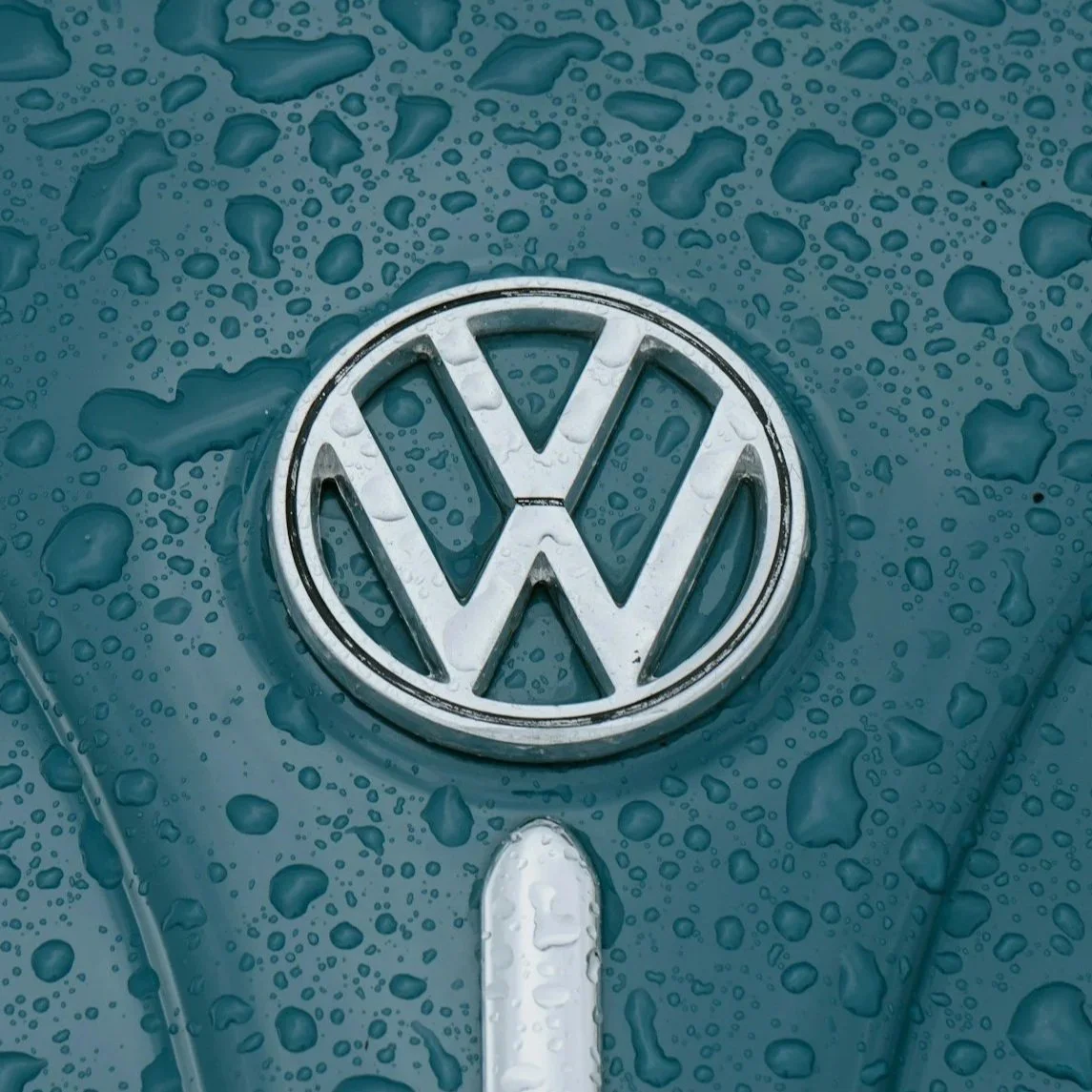 Close-up of a Volkswagen logo on a blue car covered with water droplets.