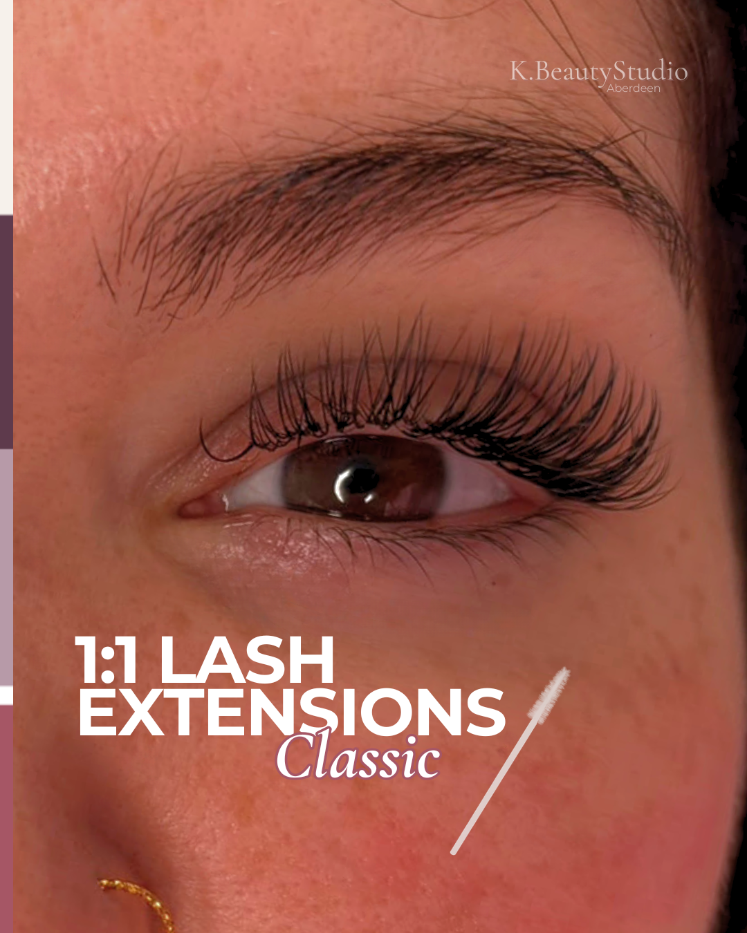 1:1 classic lash extensions, close up of brown eye, freckled face, looking directly forward, with text overlay for a beauty studio advertisement.