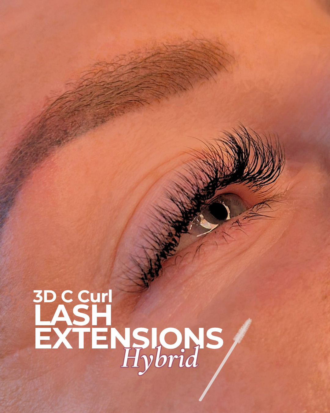 Close-up of a woman's eye with long, curled mascara-enhanced eyelashes and well-groomed eyebrow, advertising 3D C Curl Lash Extensions Hybrid.