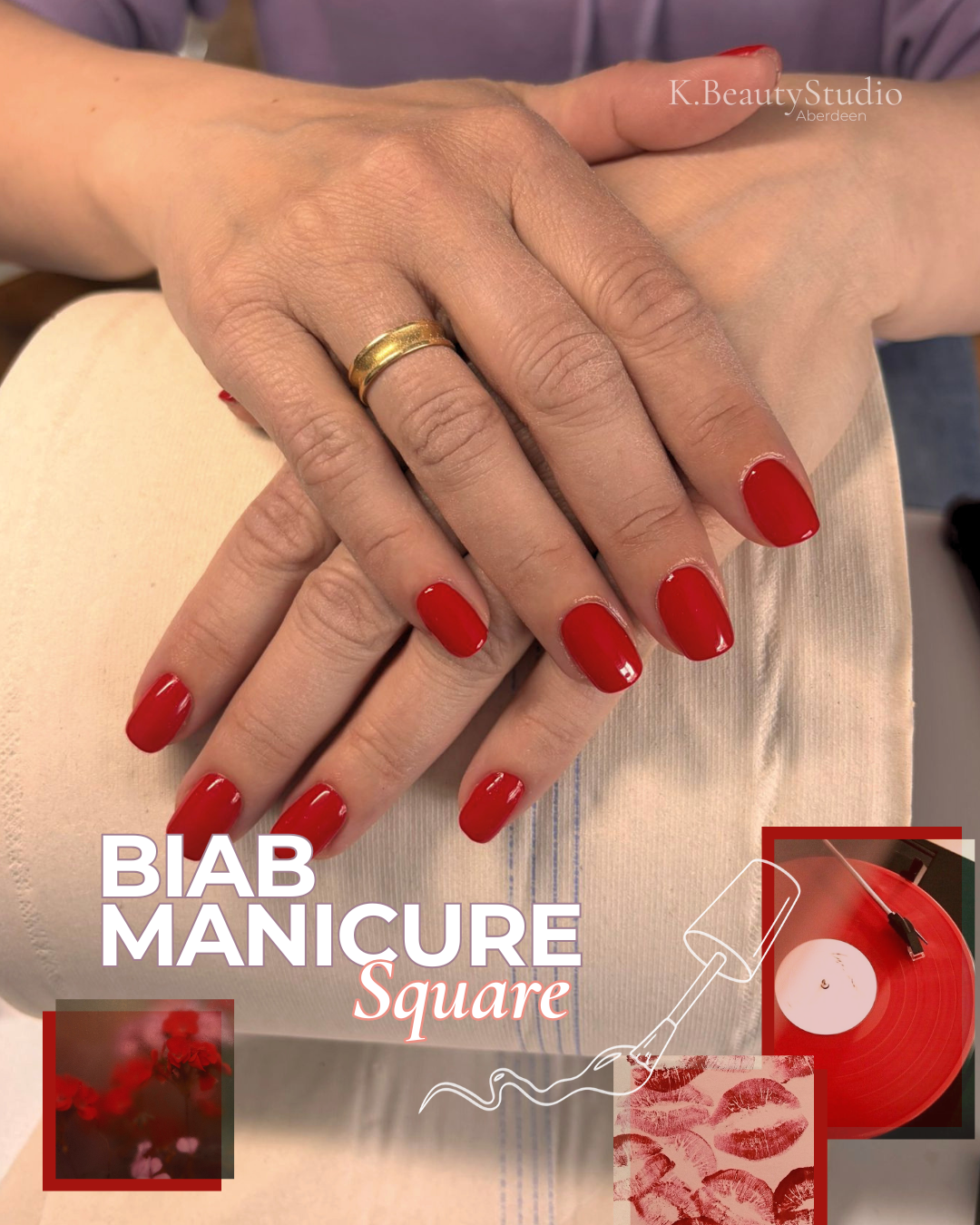 Close-up of a woman's hands with bright red square-shaped BIAB manicure, placed over a white paper roll. She wears a gold ring on her ring finger.
