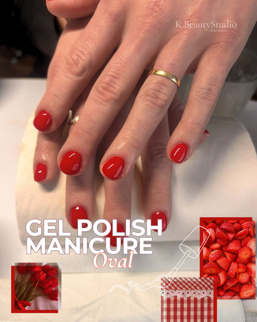 Close-up of a hand with a red gel polish manicure, displaying a gold ring on the middle finger, nails are short and rounded, K.BeautyStudio Aberdeen.