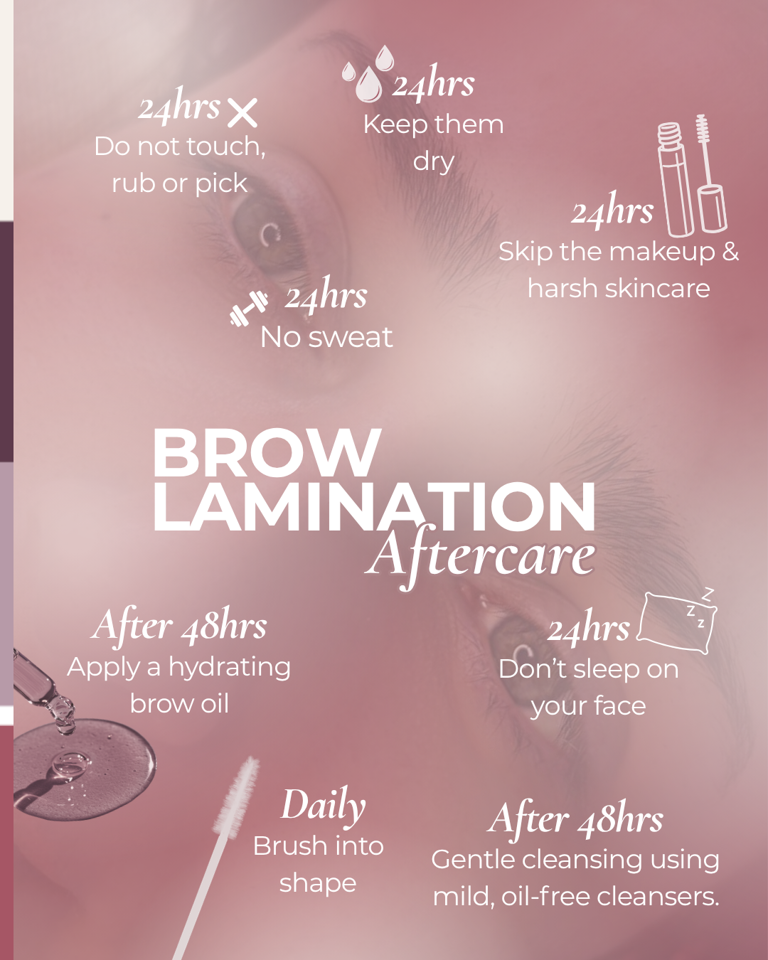 Brow lamination aftercare guide from K.BeautyStudio Aberdeen, covering the 24 to 48 hour care steps after treatment, including not no picking, keeping brows dry and avoiding makeup all for 24 hours, then applying hydrating brow oil after 48 hours.