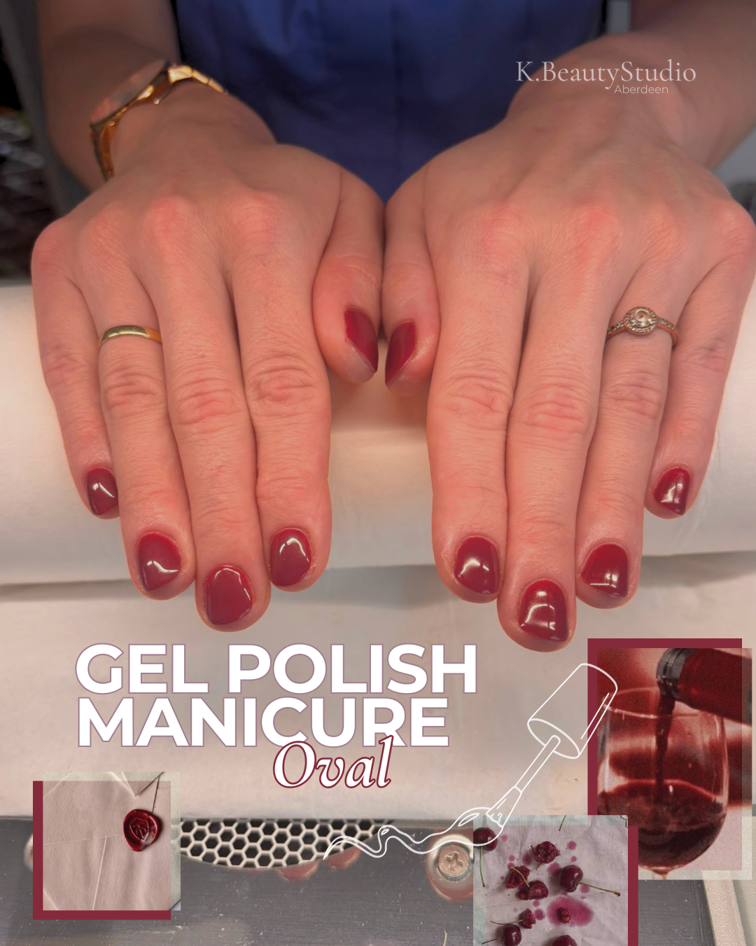 Hands with red gel polish on oval-shaped nails, rings, and gold bracelet, advertising gel polish manicure at K. Beauty Studio in Aberdeen.