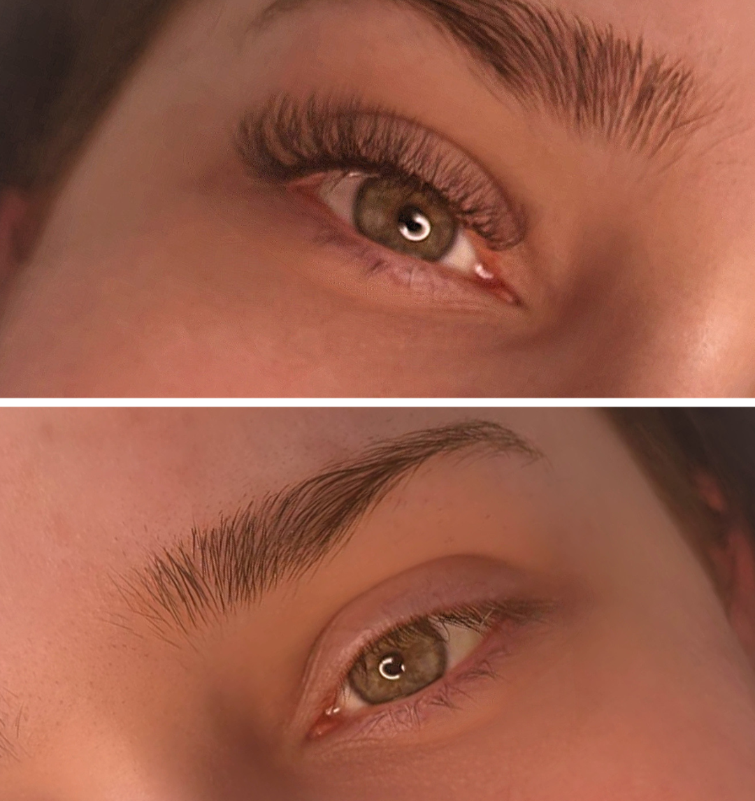 Before and after comparison of 5D C curl lash extensions at K.BeautyStudio Aberdeen, showing natural lashes next to a fuller more defined result with shaped brows.