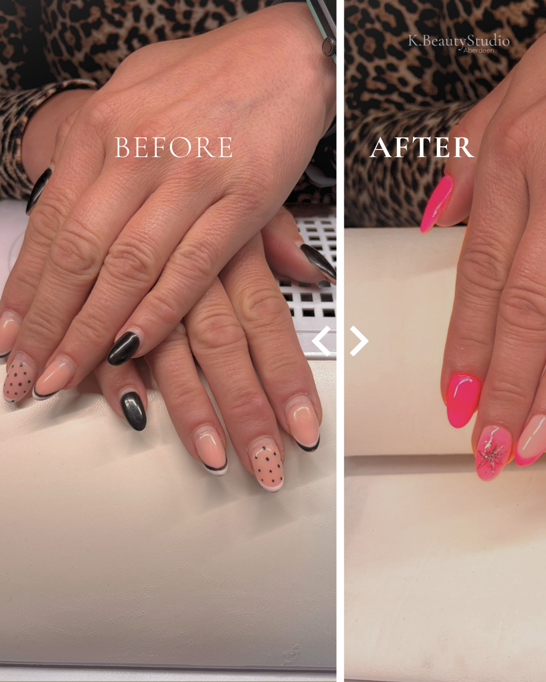 Side-by-side comparison of nails before and after a manicure transformation. The "before" nails are painted with neutral pink and black polish, some with polka dots. The "after" nails are bright pink with silver accents and floral designs, showing a decorated nail art makeover.