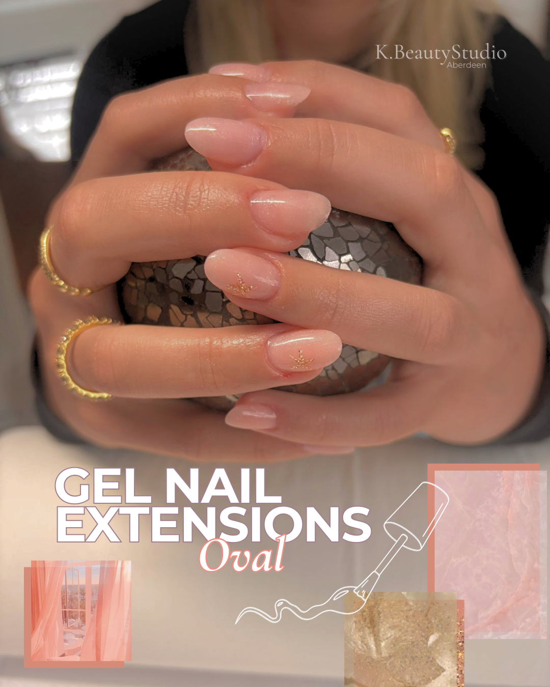 Close-up of a woman's hands with manicured oval-shaped gel nails featuring clear polish and small gold accents, holding a decorative black and silver sphere.