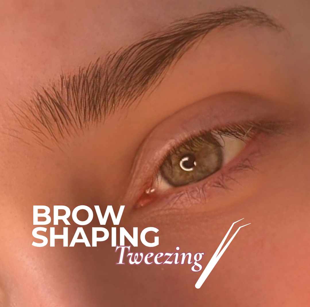 Close-up of a person's eye and eyebrow, with text overlay saying 'Brow Shaping Tweezing' and an illustration of tweezers.