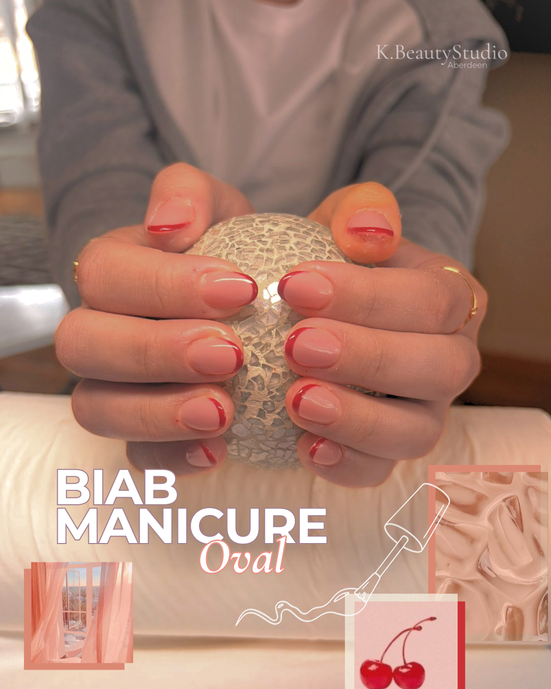 Close-up of hands with neatly manicured nails holding a texture a decorative stone ball. The nails are painted with beigepolish and red French tips. Promotional overlay for a 'BIAB Manicure Oval' at a K.BeautyStudio Aberdeen.
