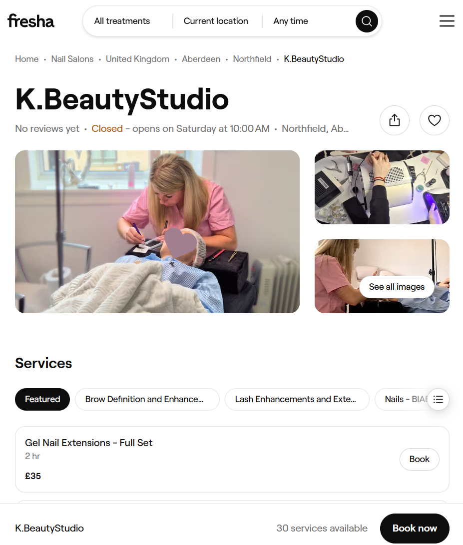 Screenshot of the K.BeautyStudio Aberdeen booking page on Fresha, showing services and pricing for nail, lash and brow treatments.