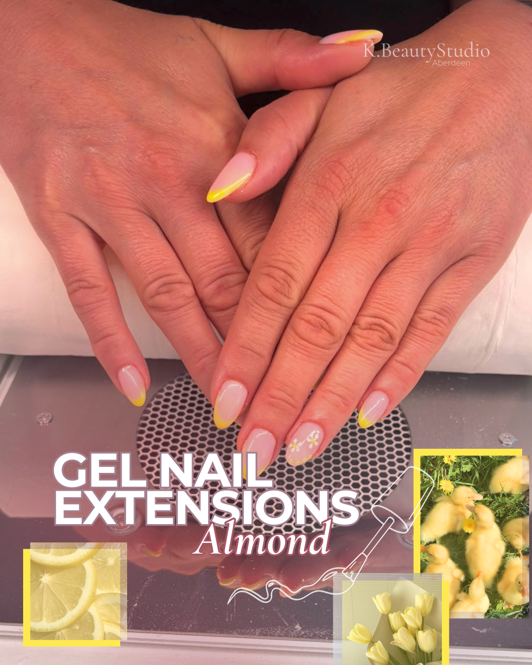 Close-up of hands with almond gel nail extensions featuring a natural pink base, yellow tips, and white flower designs at k.beautystudio Aberdeen.