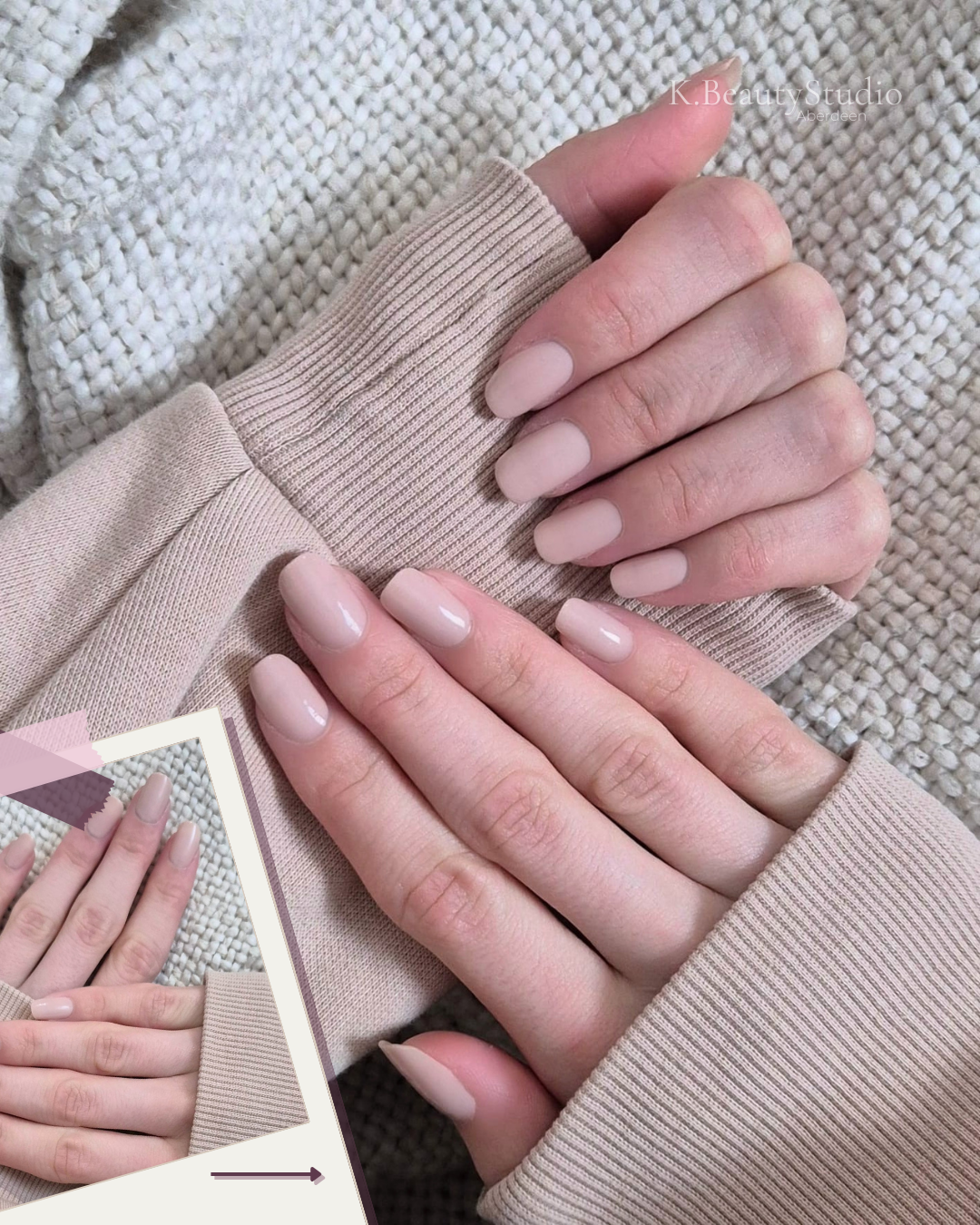 Close-up of hands with pink-nude gel polish manicured nails, wearing a beige jumper, resting on textured creme blanket.