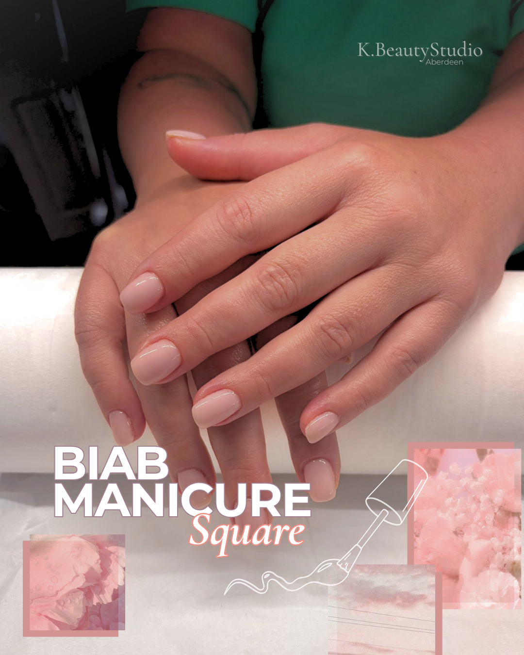 Close-up of a person's hands with a fresh square-shaped BIAB manicure, resting on a paper towel roll. The design includes a simple pastel pink colour all over, at k.beautystudio Aberdeen.