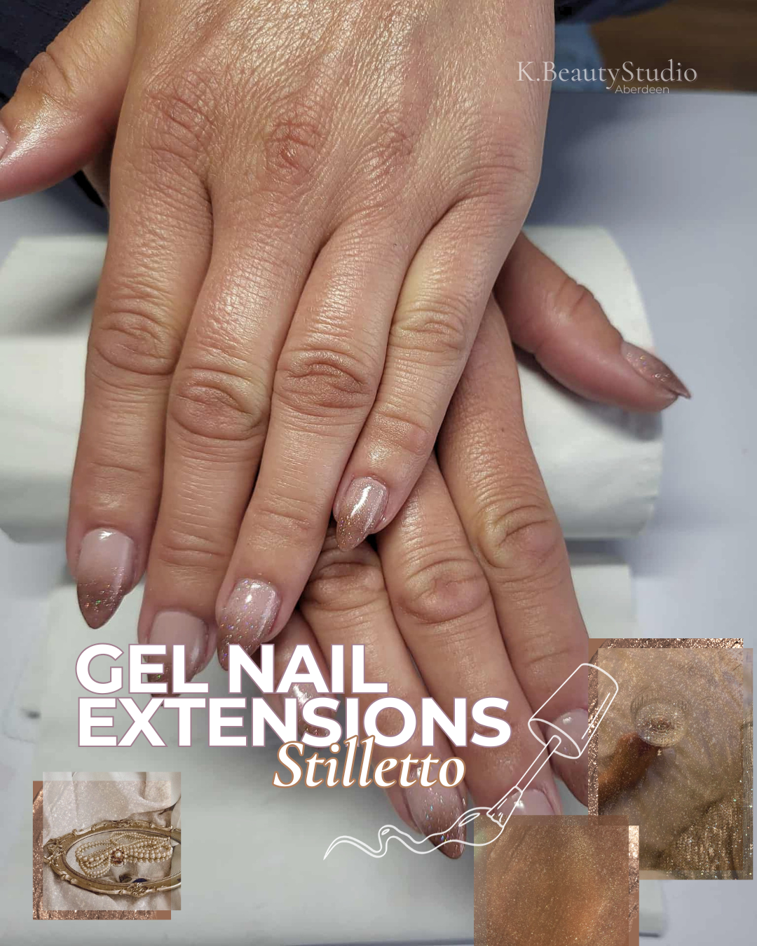 Close-up of hands showing gel nail extensions with golden-copper coloured glitter ombre tips. Text overlay reads 'GEL NAIL EXTENSIONS Stiletto', at k.beautystudio Aberdeen.