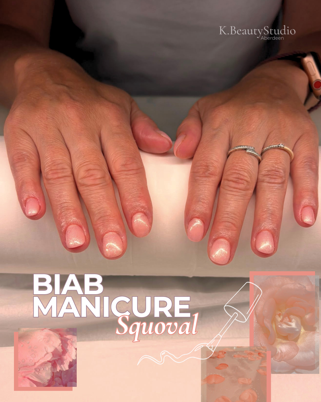 Close-up of hands with freshly painted nails, showing pink nail polish and rings on ring fingers, with text indicating a biab manicure squoval style, and small inset images of nail polish and nail art.