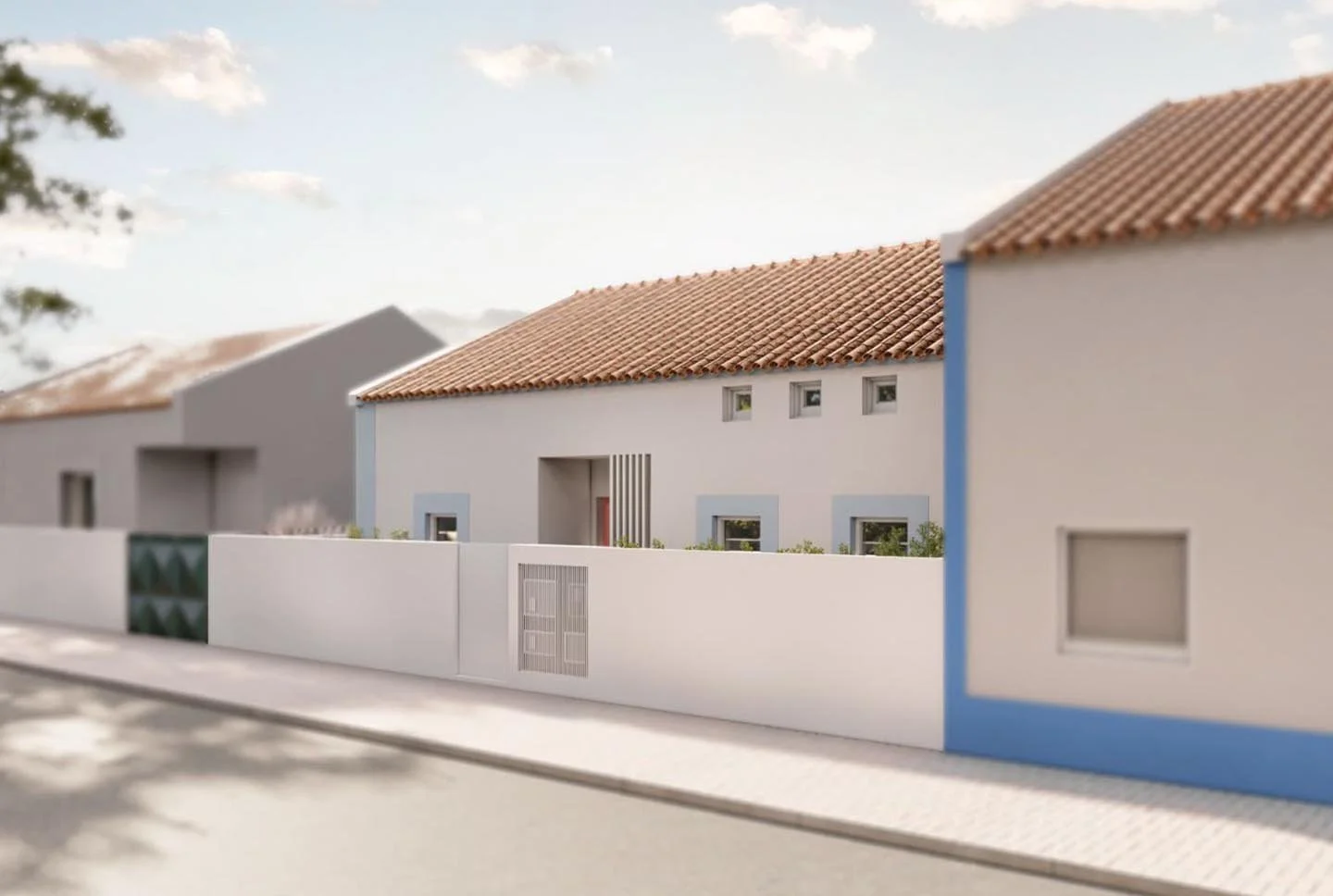 Model of a modern residential house with a white exterior, blue trim, terracotta roof tiles, and a white fence with a gate, on a residential street with trees and neighboring houses.
