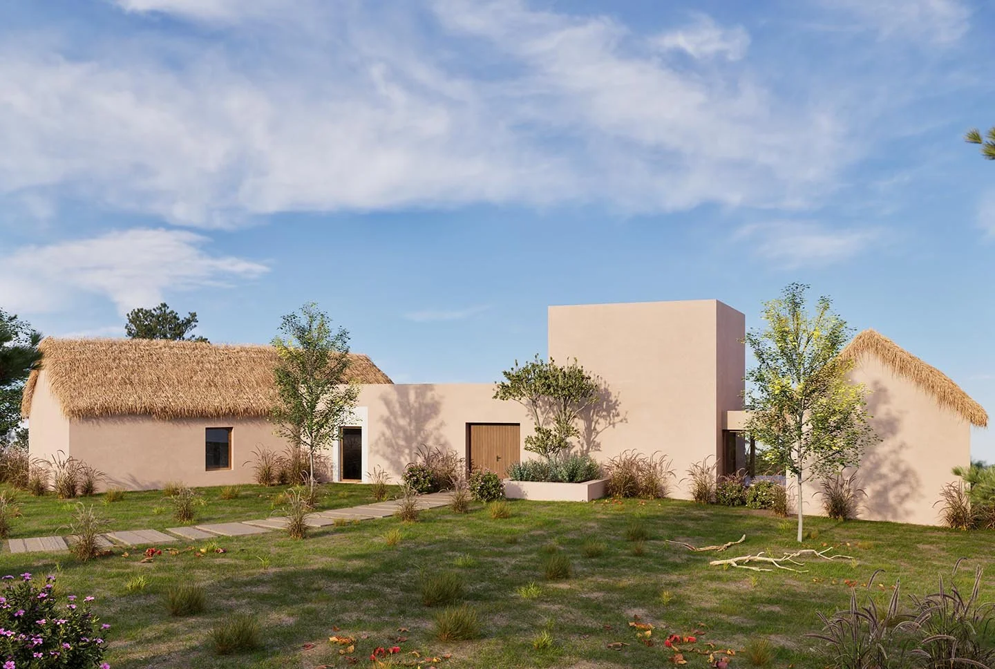A modern house with a thatched roof on the left, a flat-roofed section in the center, and a thatched roof on the right, surrounded by green grass, small trees, and shrubs under a blue sky with scattered clouds.